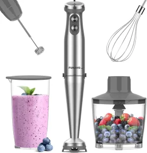 Immersion Blender, 1000W Anti-scratch 5-in-1 Hand Blender, Upgraded 12 Speed Stainless Steel Blade Stick Blender with Turbo Mode, 20oz Beaker, 17oz Chopping Bowl, Whisk, BPA-Free