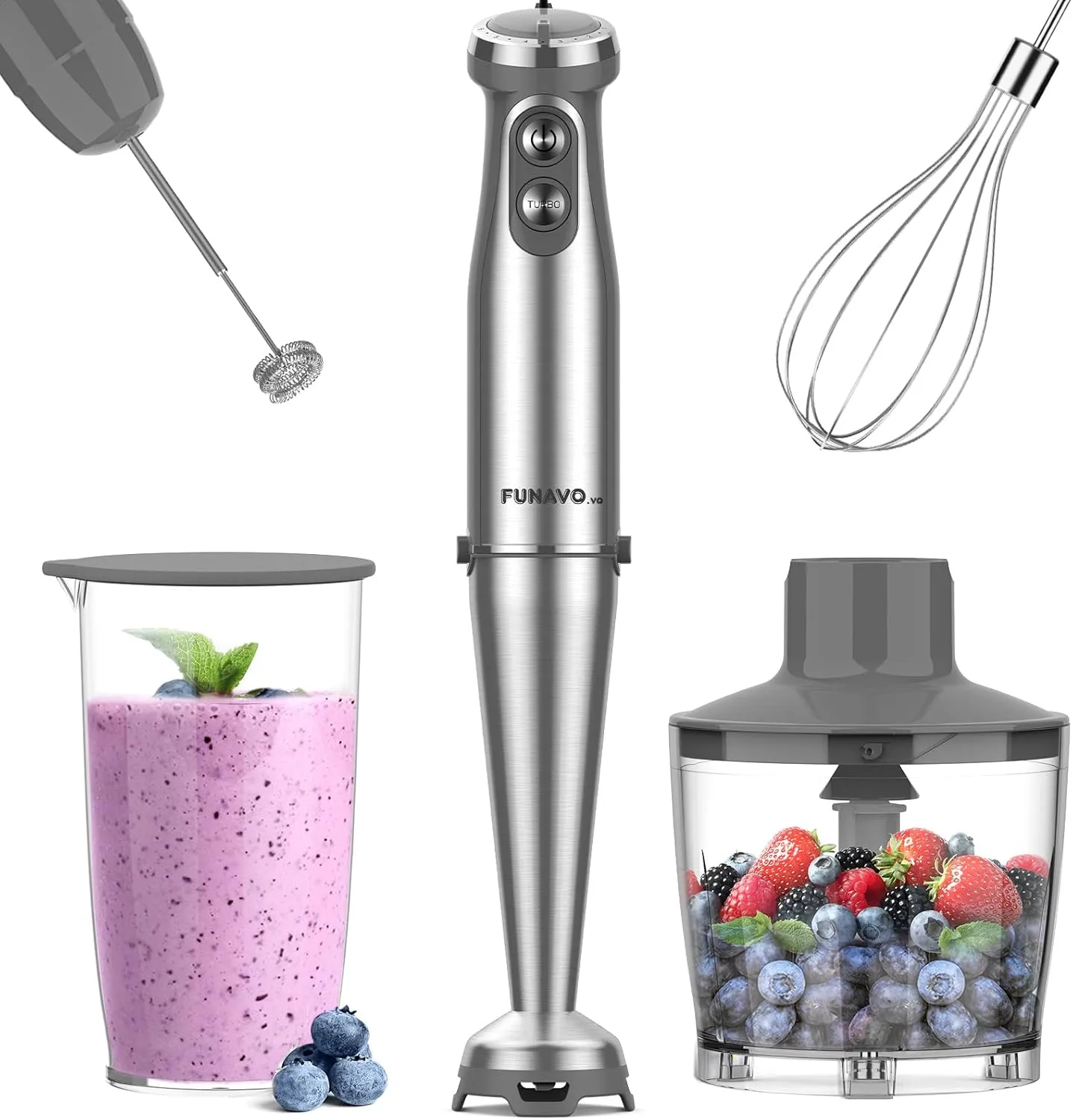 Immersion Blender, 1000W Anti-scratch 5-in-1 Hand Blender, Upgraded 12 Speed Stainless Steel Blade Stick Blender with Turbo Mode, 20oz Beaker, 17oz Chopping Bowl, Whisk, BPA-Free