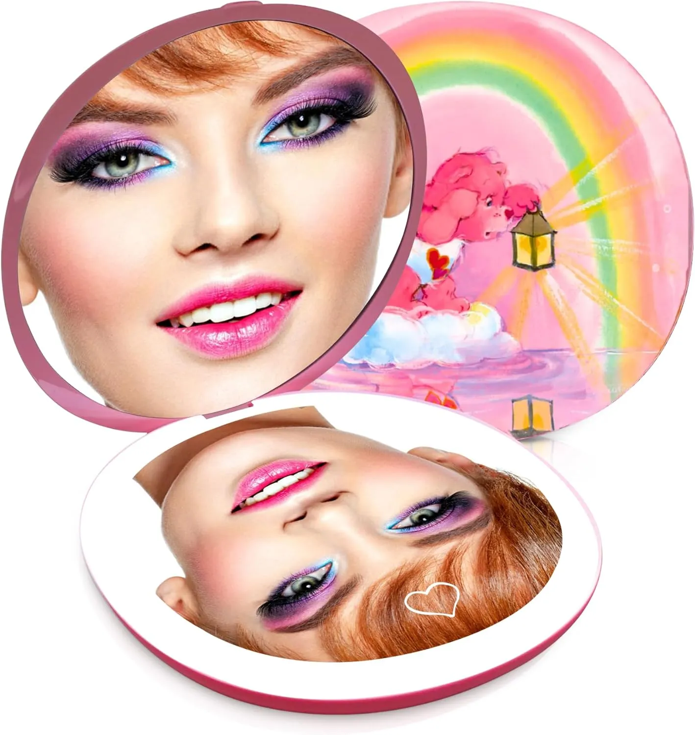 Impressions Vanity Care Bears Love a Lot's Lantern LED Compact Mirror for Purse, Lighted Travel Makeup Mirror with 3X Magnification, Printed Artwork, Adjustable Brightness and Soft Touch Sensor (Pink)