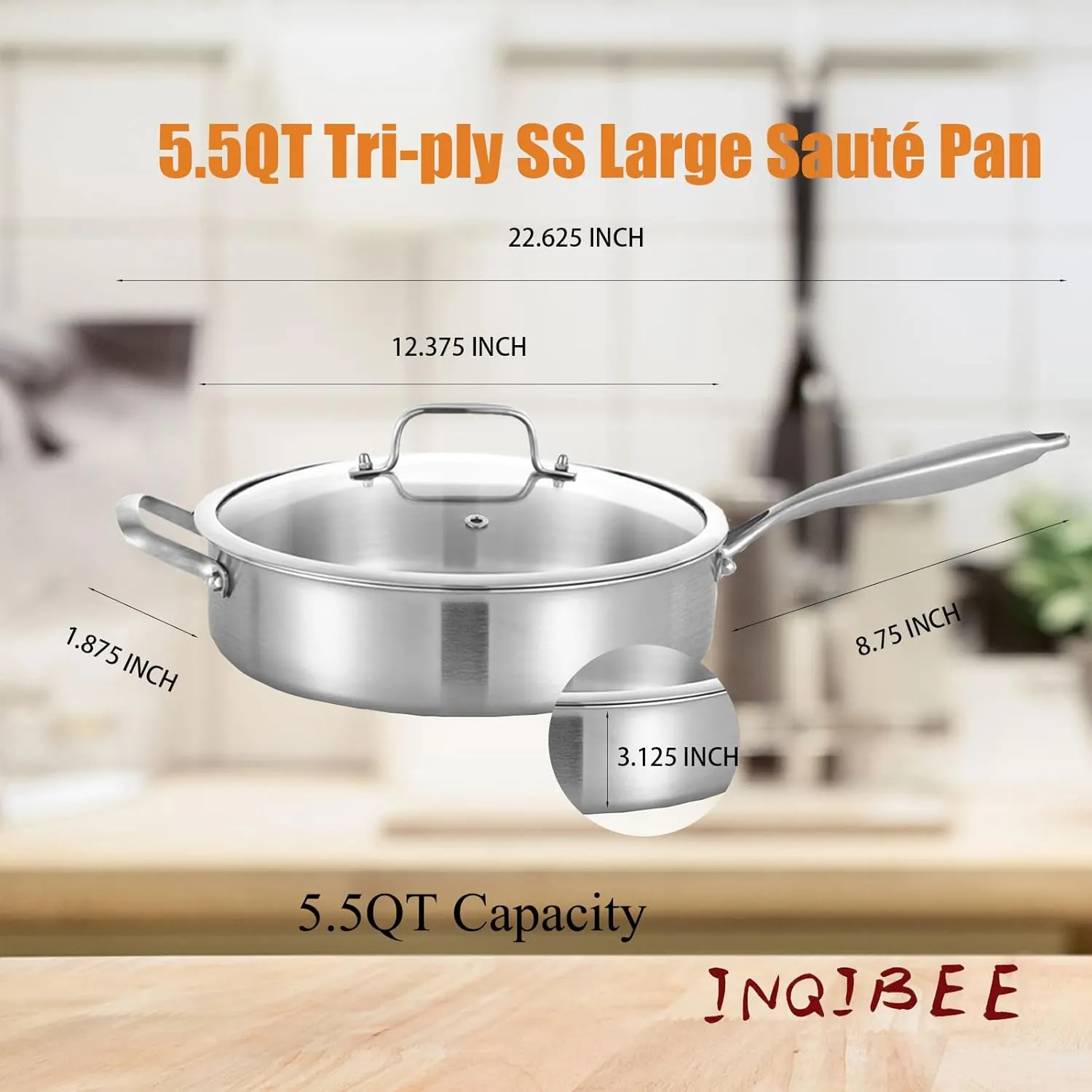 Inqibee Tri-Ply 6 Quarts Stainless Steel Sauté Pan with Lid,12 Inch Induction Deep Frying Pan,Large Skillet,Jumbo Cooker,Dishwasher and Oven Safe,Detachable Handle.