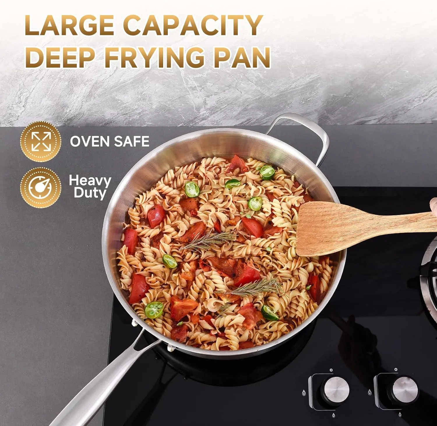 Inqibee Tri-Ply 6 Quarts Stainless Steel Sauté Pan with Lid,12 Inch Induction Deep Frying Pan,Large Skillet,Jumbo Cooker,Dishwasher and Oven Safe,Detachable Handle.