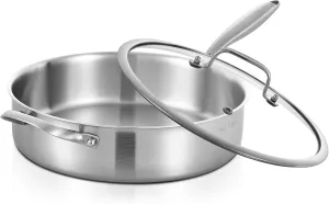 Inqibee Tri-Ply 6 Quarts Stainless Steel Sauté Pan with Lid,12 Inch Induction Deep Frying Pan,Large Skillet,Jumbo Cooker,Dishwasher and Oven Safe,Detachable Handle.