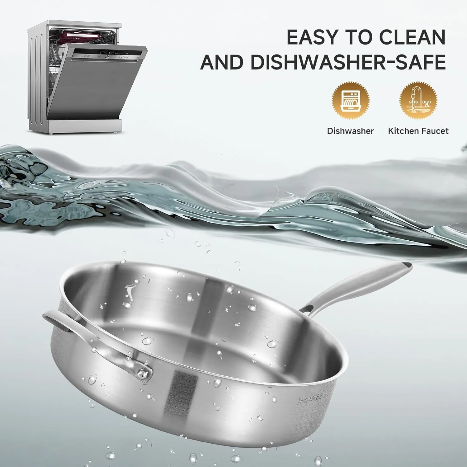 Inqibee Tri-Ply 6 Quarts Stainless Steel Sauté Pan with Lid,12 Inch Induction Deep Frying Pan,Large Skillet,Jumbo Cooker,Dishwasher and Oven Safe,Detachable Handle.