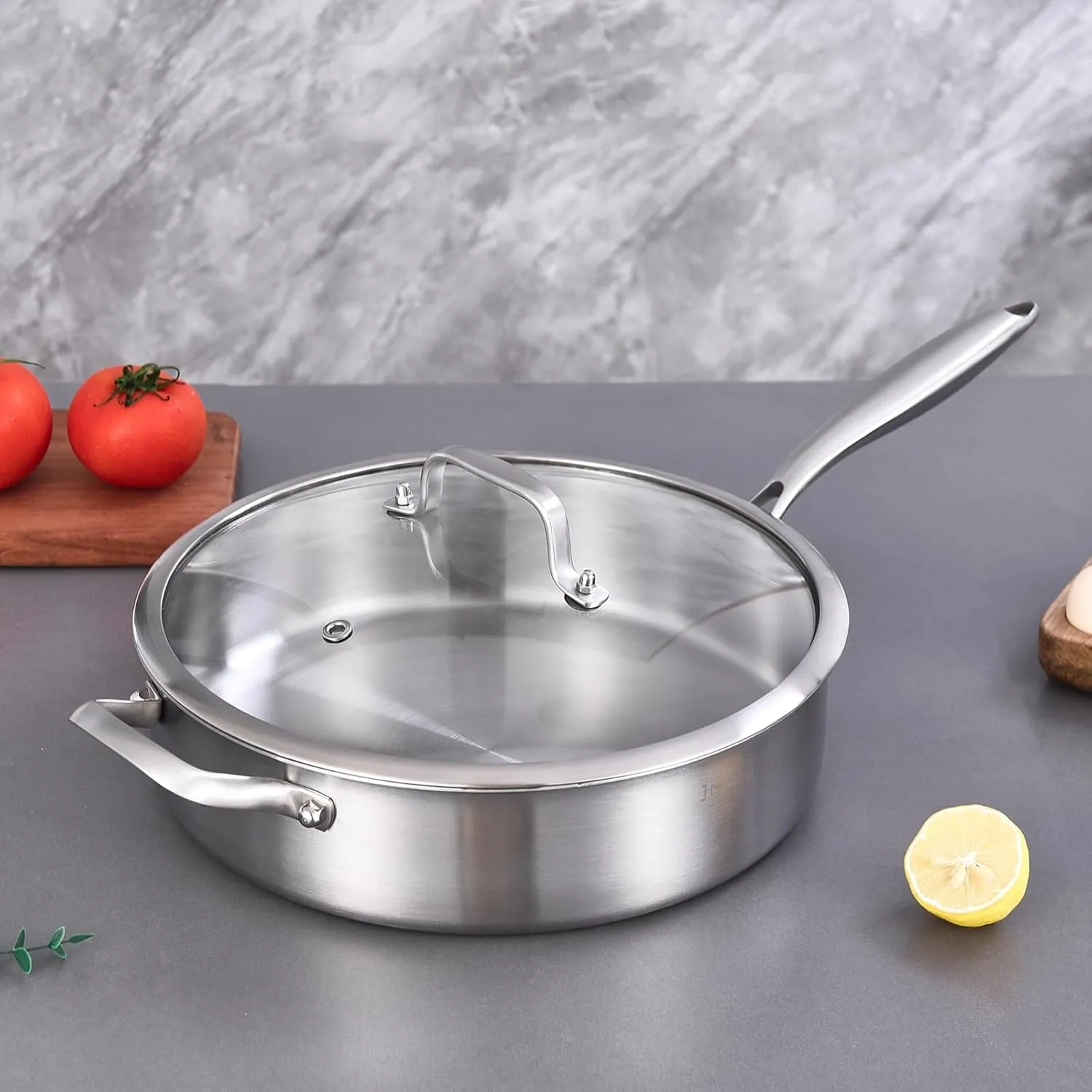 Inqibee Tri-Ply 6 Quarts Stainless Steel Sauté Pan with Lid,12 Inch Induction Deep Frying Pan,Large Skillet,Jumbo Cooker,Dishwasher and Oven Safe,Detachable Handle.