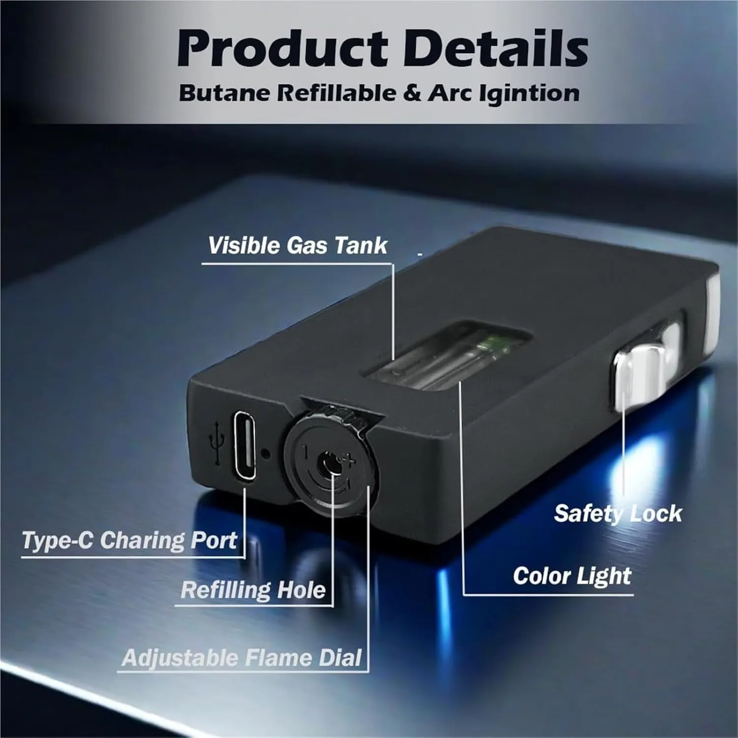 Intelligent Gravity Sensing Butane Lighter, Extra Wide Soft Flame, Visible Transparent air Window, with Safety Lock, Suitable for Candle Camping (Butane not Included)(Black)