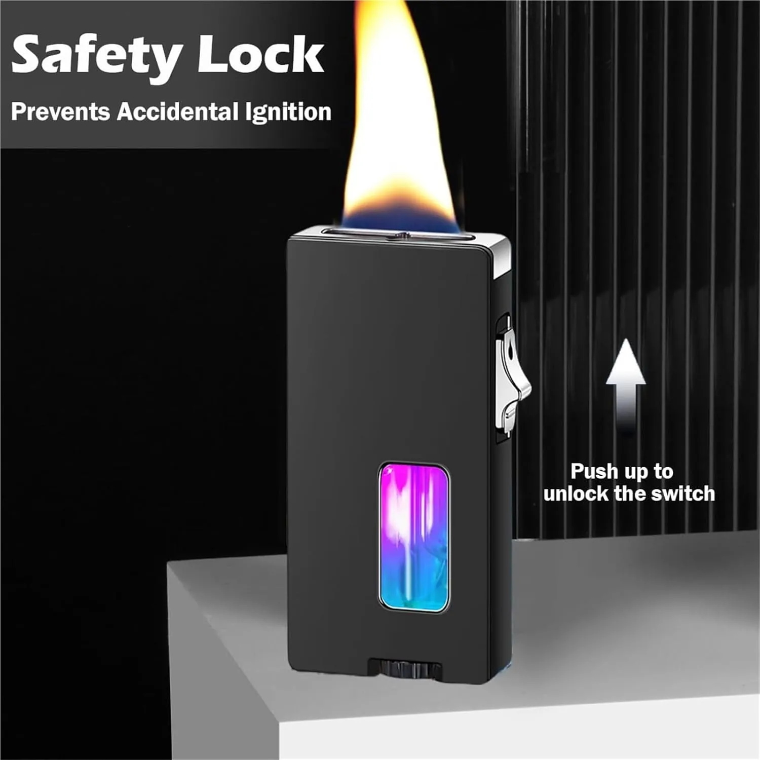 Intelligent Gravity Sensing Butane Lighter, Extra Wide Soft Flame, Visible Transparent air Window, with Safety Lock, Suitable for Candle Camping (Butane not Included)(Black)