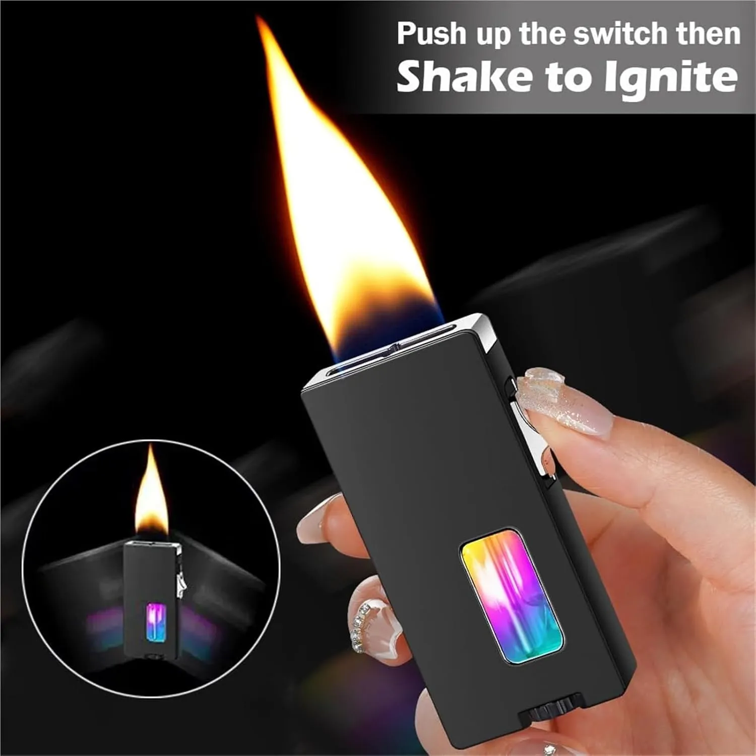 Intelligent Gravity Sensing Butane Lighter, Extra Wide Soft Flame, Visible Transparent air Window, with Safety Lock, Suitable for Candle Camping (Butane not Included)(Black)