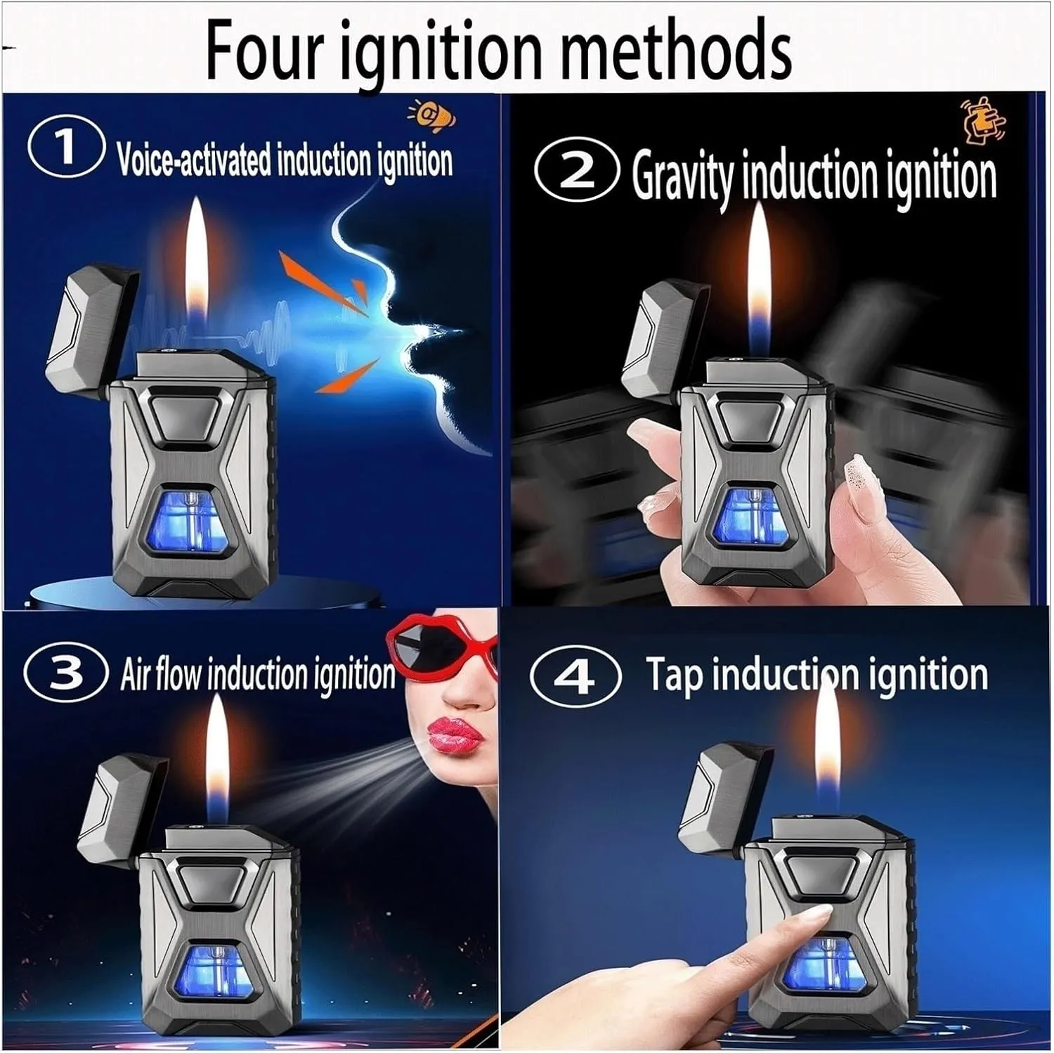 Intelligent Voice-Activated Induction Butane Lighter Windproof Blue Flame and Open Flame 4 Ignition Methods Suitable for Gift Camping (Butane not Included)(Black1)
