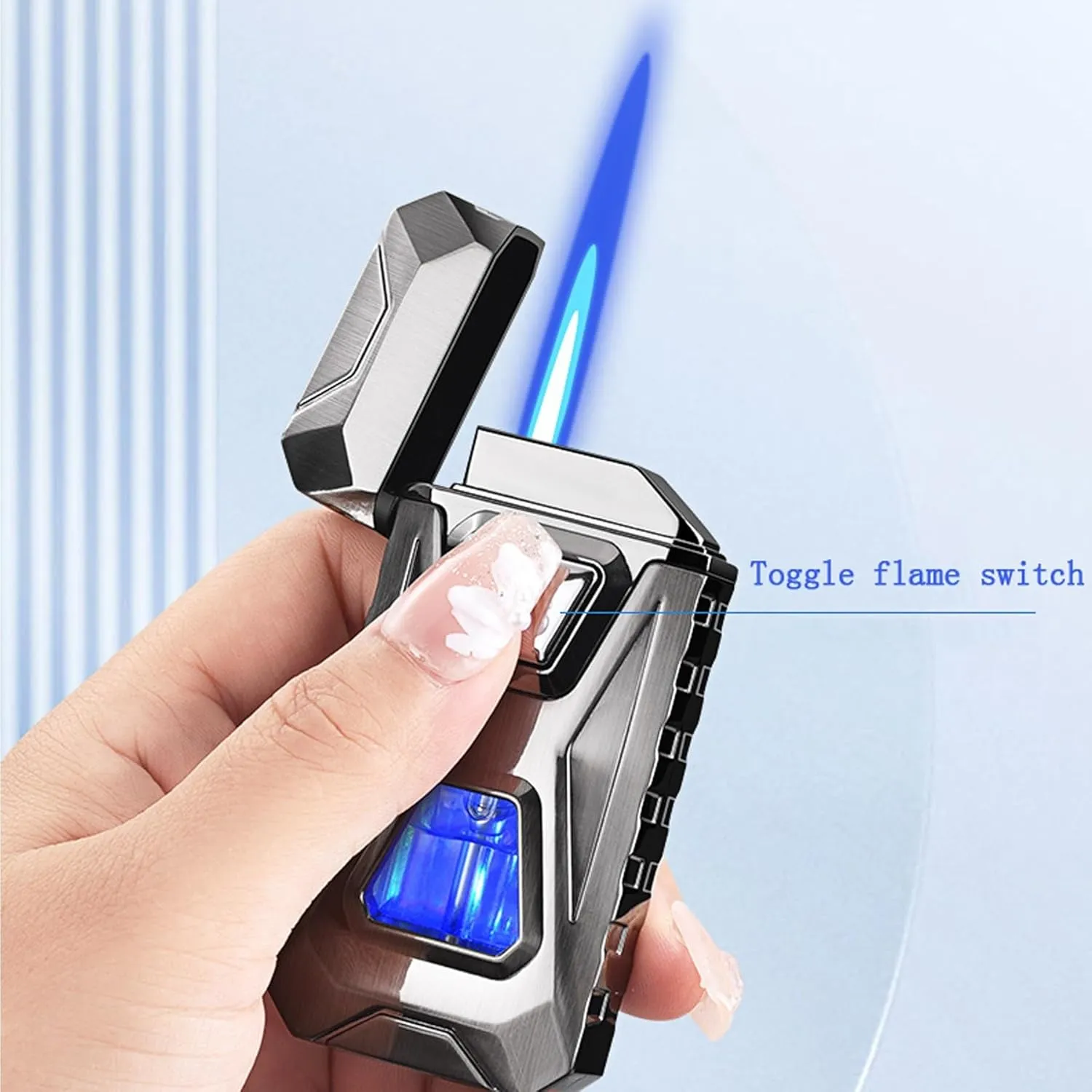 Intelligent Voice-Activated Induction Butane Lighter Windproof Blue Flame and Open Flame 4 Ignition Methods Suitable for Gift Camping (Butane not Included)(Black1)