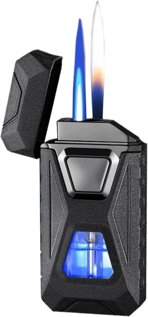 Intelligent Voice-Activated Induction Butane Lighter Windproof Blue Flame and Open Flame 4 Ignition Methods Suitable for Gift Camping (Butane not Included)(Black1)