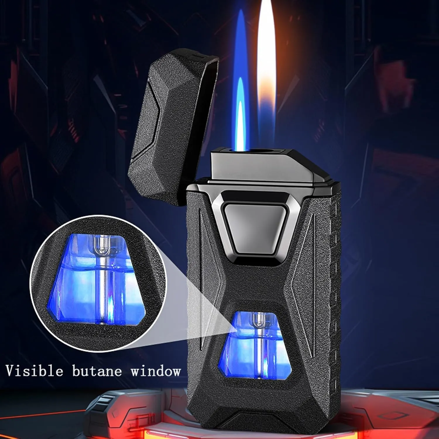 Intelligent Voice-Activated Induction Butane Lighter Windproof Blue Flame and Open Flame 4 Ignition Methods Suitable for Gift Camping (Butane not Included)(Black1)