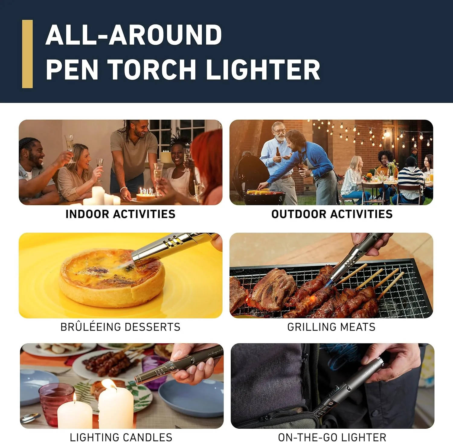 inZaynity Pen Torch Lighter - Windproof Jet Flame, Tiltable Head & Refillable Butane Torch with Adjustable Flame - Compact & Portable Lighters for Candle, Cooking, BBQ, Camping & DIY - Grey & Steel