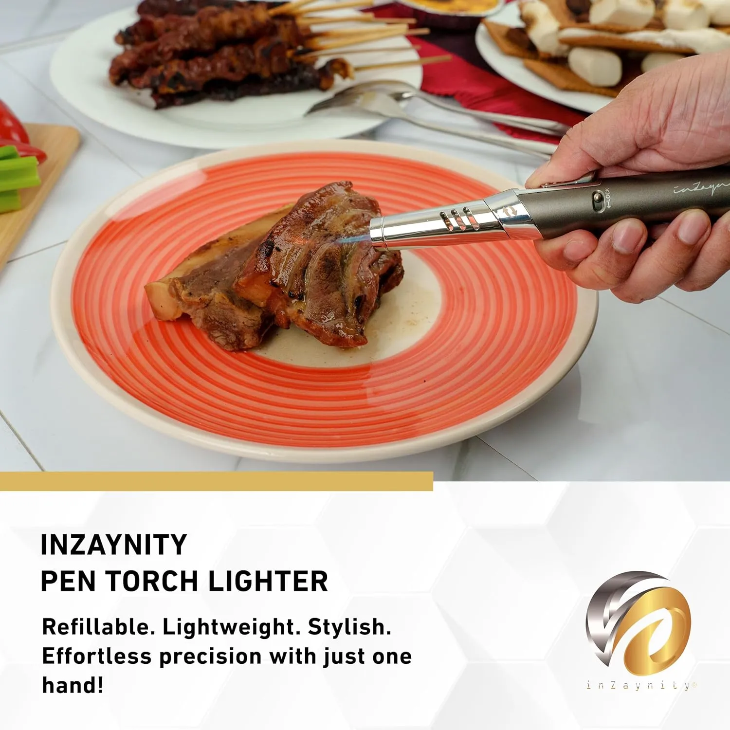 inZaynity Pen Torch Lighter - Windproof Jet Flame, Tiltable Head & Refillable Butane Torch with Adjustable Flame - Compact & Portable Lighters for Candle, Cooking, BBQ, Camping & DIY - Grey & Steel