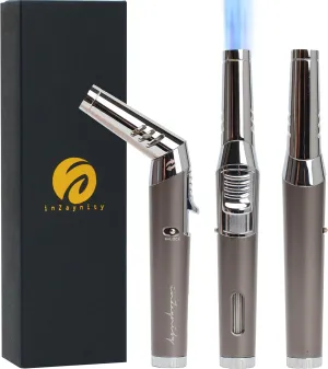 inZaynity Pen Torch Lighter - Windproof Jet Flame, Tiltable Head & Refillable Butane Torch with Adjustable Flame - Compact & Portable Lighters for Candle, Cooking, BBQ, Camping & DIY - Grey & Steel