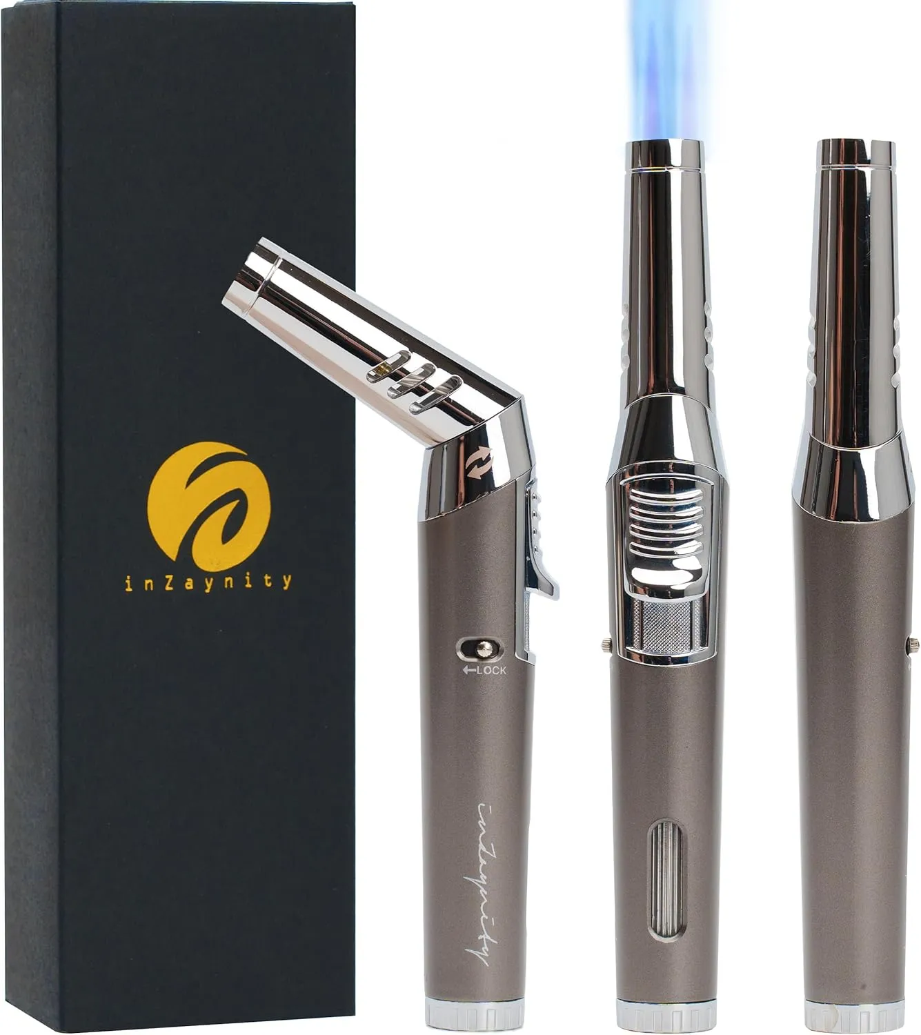 inZaynity Pen Torch Lighter - Windproof Jet Flame, Tiltable Head & Refillable Butane Torch with Adjustable Flame - Compact & Portable Lighters for Candle, Cooking, BBQ, Camping & DIY - Grey & Steel