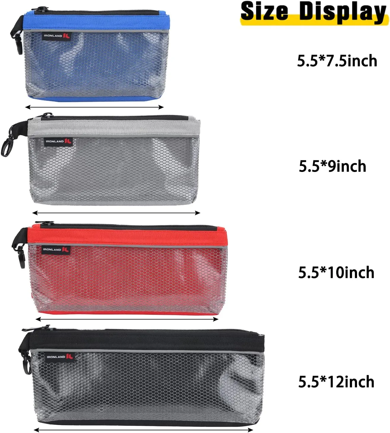 IRONLAND Zipper Pouches, Small Tools Bag, Waterproof Mesh Pouches, Tool Zipper Pouch, Travel Pouch, Clear Cosmetic Bag Case 4 Pack