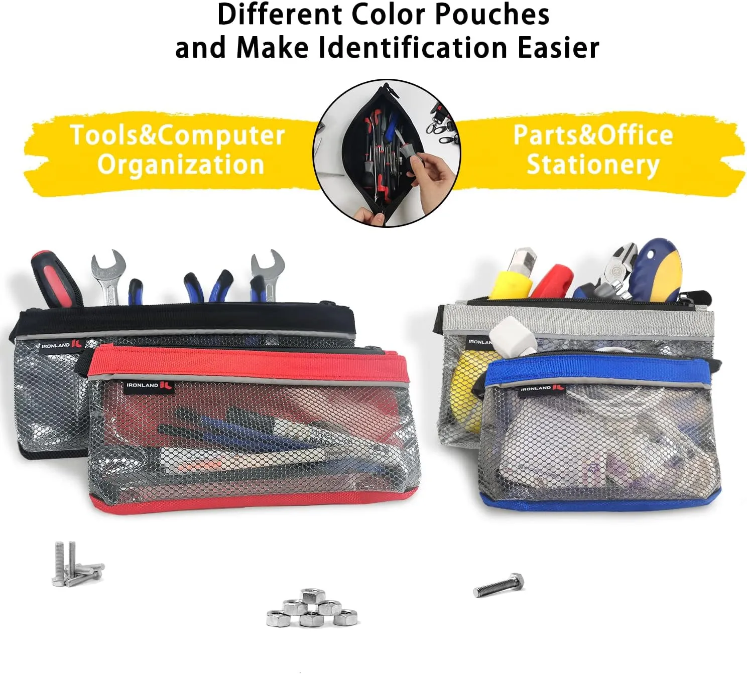 IRONLAND Zipper Pouches, Small Tools Bag, Waterproof Mesh Pouches, Tool Zipper Pouch, Travel Pouch, Clear Cosmetic Bag Case 4 Pack