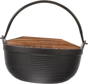 Japanese Iron Soup Cooking Pot with Wooden Lid Non-Stick Hanging Cookware for Camping and Outdoor Use Cast Iron Design for Soup Ramen and More