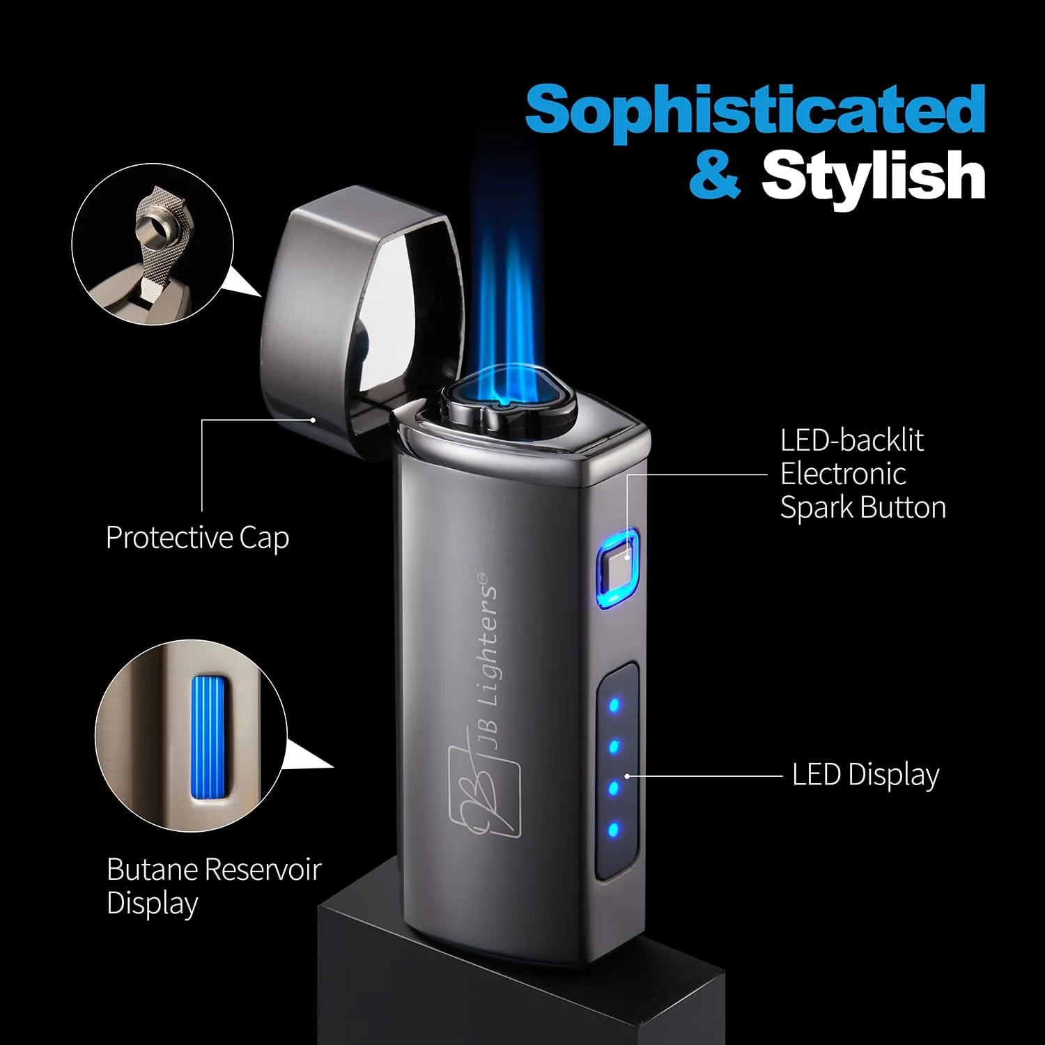 JB Lighter Blue Satin 3-Flame Butane Torch Lighter- Wind Resistant Adjustable Jet Flame Lighters - Refillable Gas One Touch Lighter - Electric Firing Backlit Butane Window