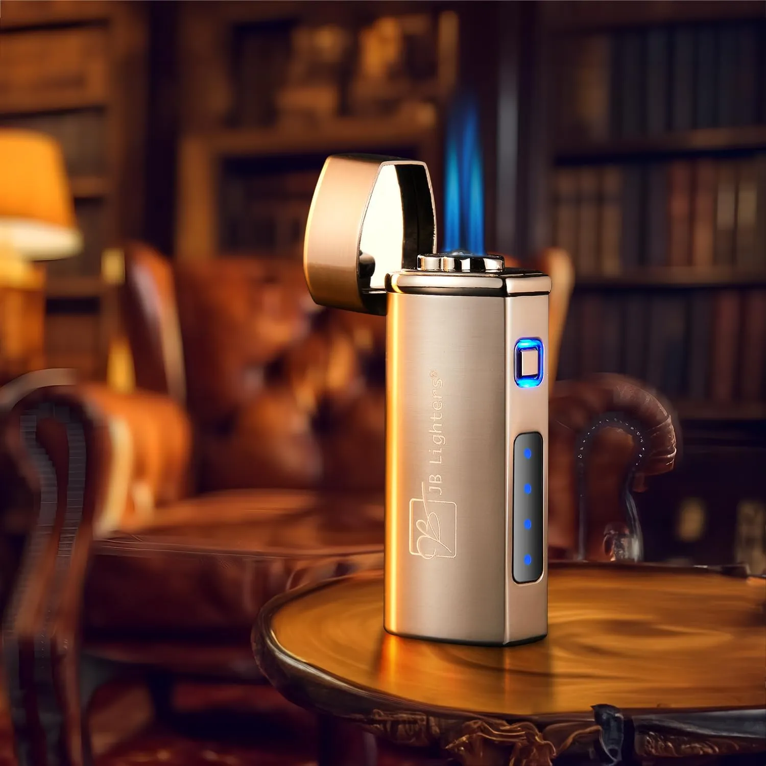JB Lighter Blue Satin 3-Flame Butane Torch Lighter- Wind Resistant Adjustable Jet Flame Lighters - Refillable Gas One Touch Lighter - Electric Firing Backlit Butane Window
