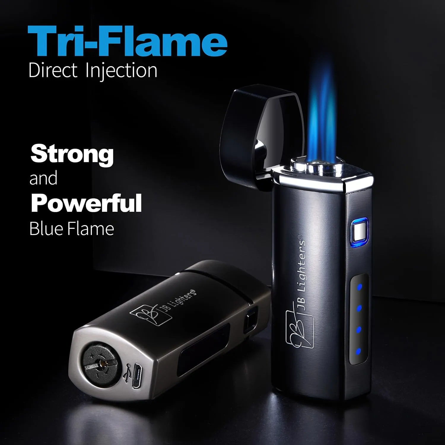 JB Lighter Blue Satin 3-Flame Butane Torch Lighter- Wind Resistant Adjustable Jet Flame Lighters - Refillable Gas One Touch Lighter - Electric Firing Backlit Butane Window