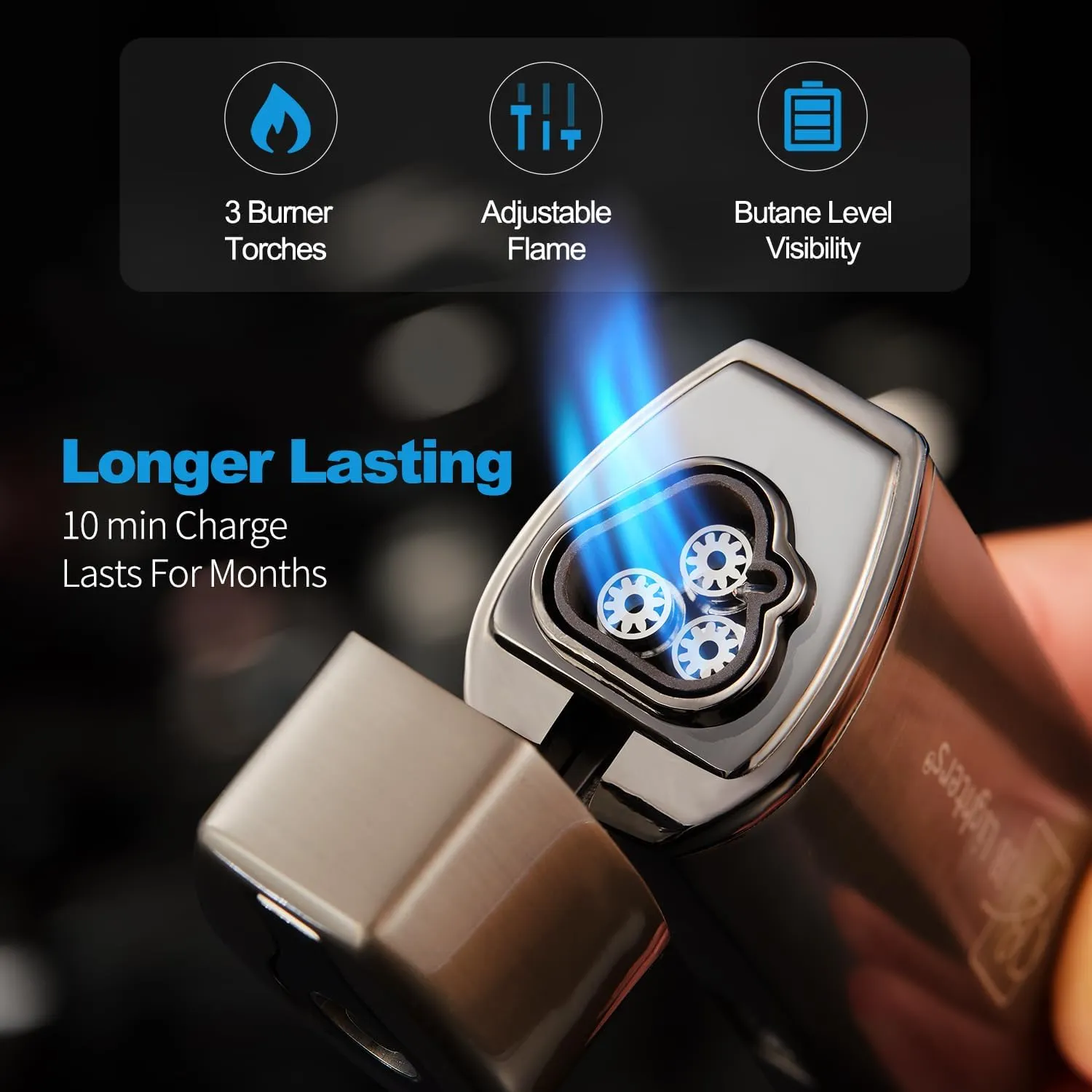 JB Lighter Blue Satin 3-Flame Butane Torch Lighter- Wind Resistant Adjustable Jet Flame Lighters - Refillable Gas One Touch Lighter - Electric Firing Backlit Butane Window