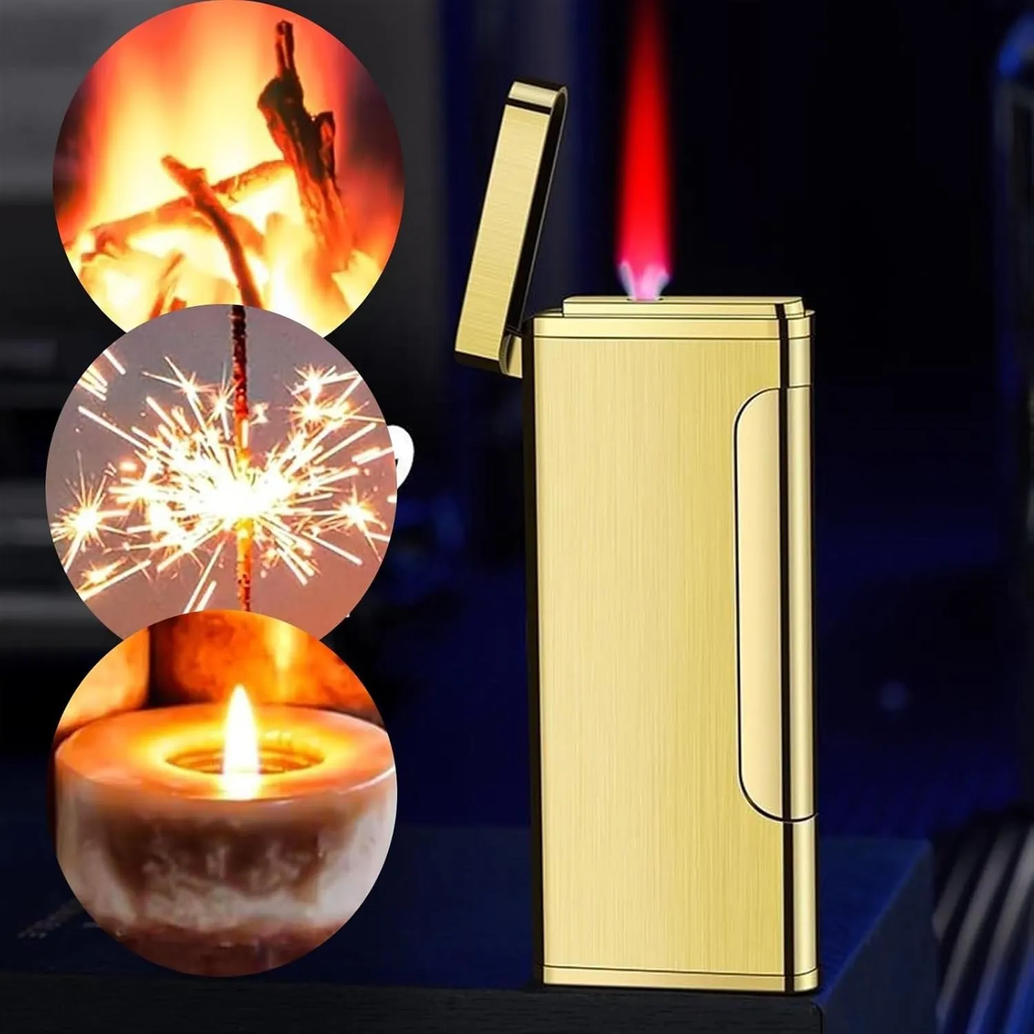 Jet Torch Lighter Windproof Refillable Butane Gas Flame Slim Lighter Portable Candle Metal Lighter for BBQ Camping Outdoor Candle Survival Lighter (Gas Not Included)(Gold)