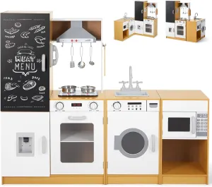 JOYLDIAS Kids Play Kitchen Set, Wooden Free Combination & Movable Pretend Toddler Kitchen Toy with Real Sound and Light, Ice Maker, Oven,Washer,Blackboard and Cookware Accessories for Age 3  Toddlers