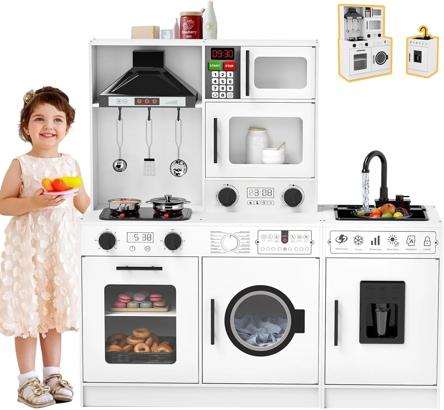 JOYLDIAS Kids Play Kitchen Set, Wooden Free Combination & Movable Pretend Toddler Kitchen Toy w/Real Sound and Light, Running Water, Oven, Washing Machine and Cookware Accessories for Age 3  Toddlers