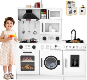 JOYLDIAS Kids Play Kitchen Set, Wooden Free Combination & Movable Pretend Toddler Kitchen Toy w/Real Sound and Light, Running Water, Oven, Washing Machine and Cookware Accessories for Age 3  Toddlers