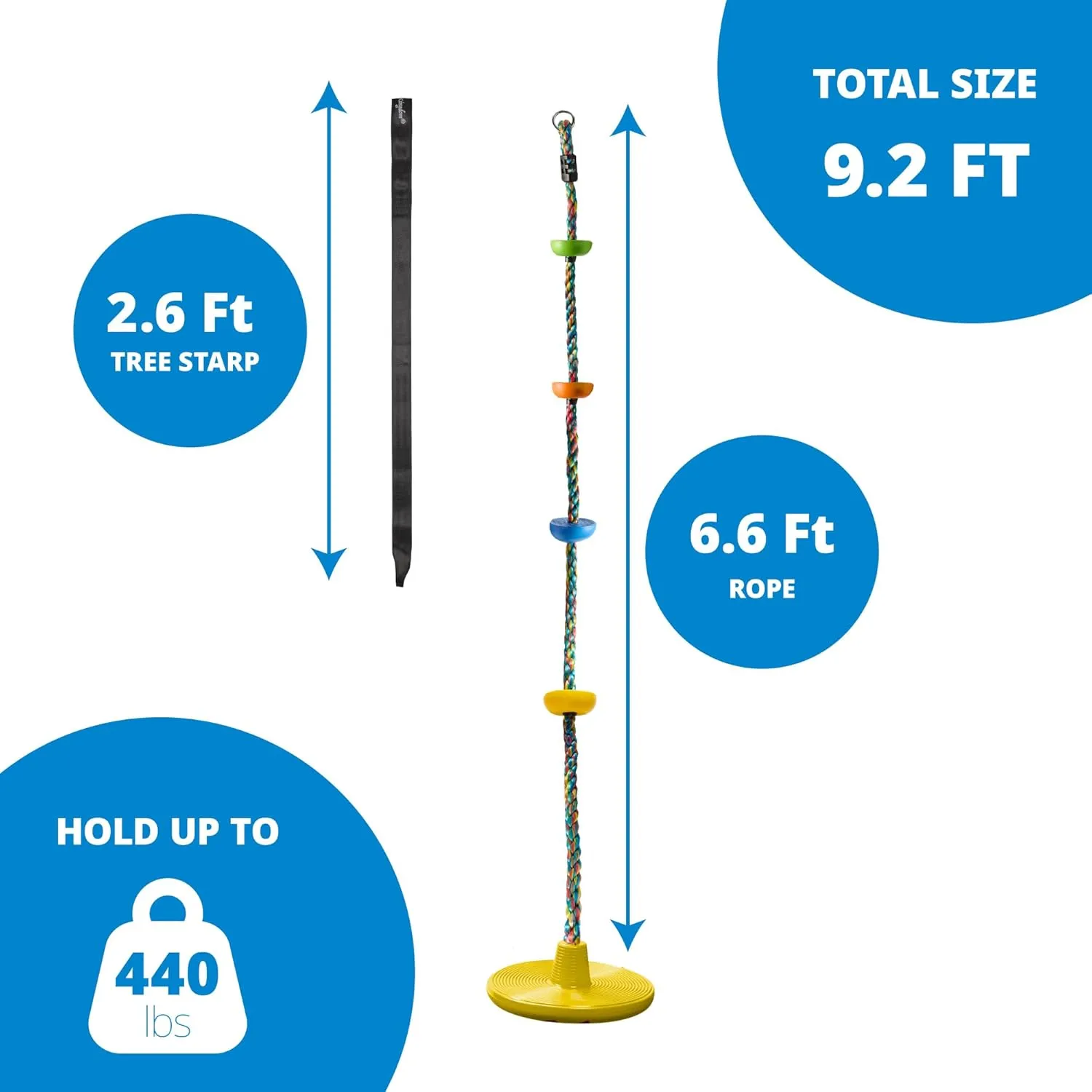 Jungle Gym Kingdom Tree Swing for Kids - Single Disc Seat and Rainbow Climbing Rope Set w/Carabiner and 2.6 Foot Strap - Treehouse and Outdoor Playground Accessories - Yellow