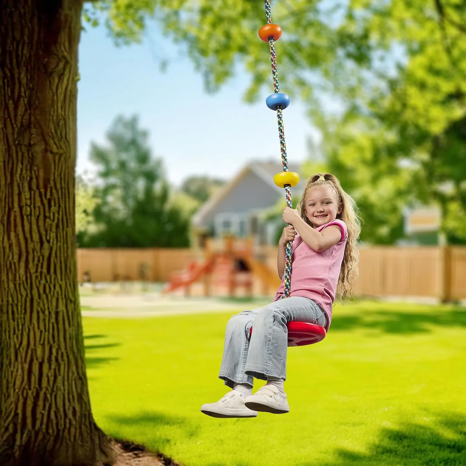 Jungle Gym Kingdom Tree Swing for Kids - Single Disc Seat and Rainbow Climbing Rope Set w/Carabiner and 2.6 Foot Strap - Treehouse and Outdoor Playground Accessories - Yellow