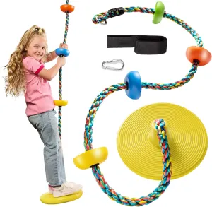 Jungle Gym Kingdom Tree Swing for Kids - Single Disc Seat and Rainbow Climbing Rope Set w/Carabiner and 2.6 Foot Strap - Treehouse and Outdoor Playground Accessories - Yellow