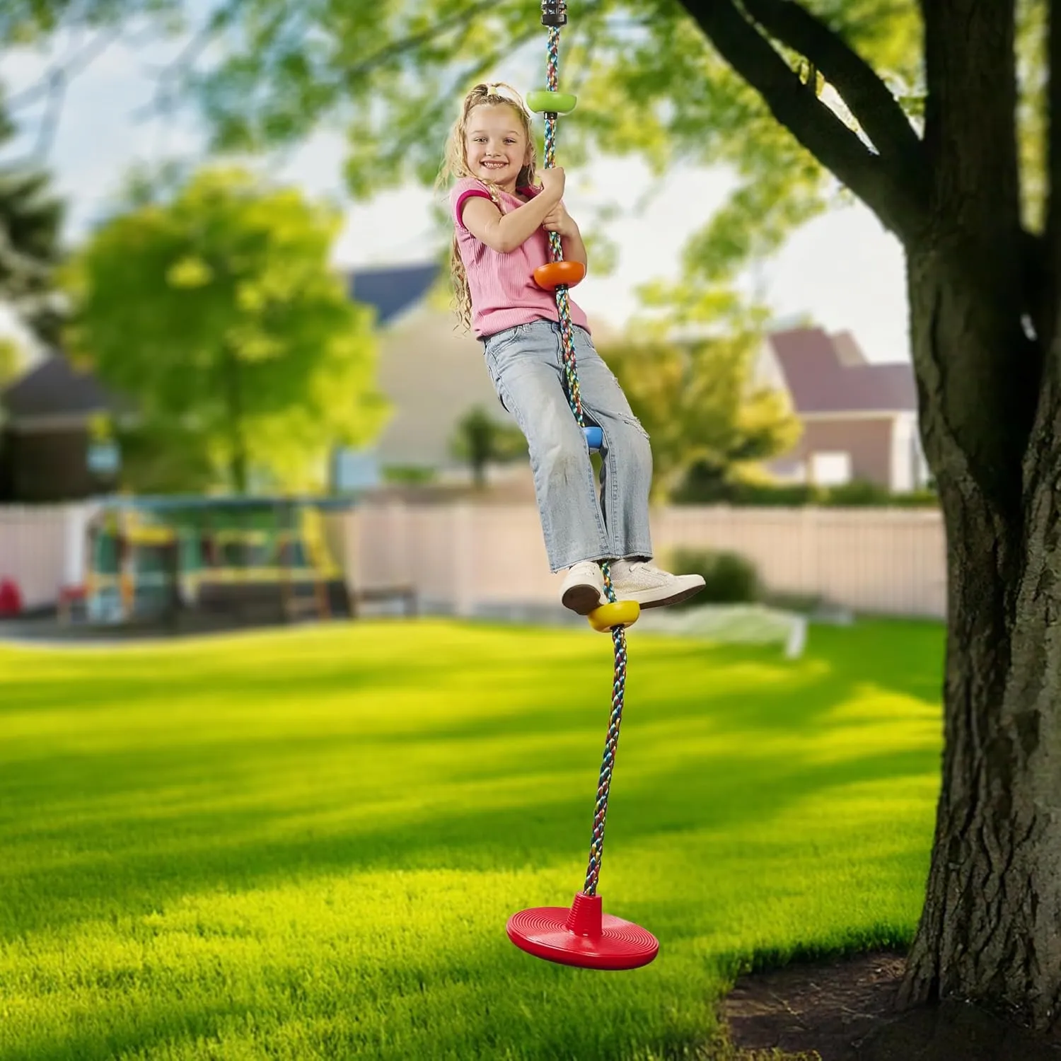Jungle Gym Kingdom Tree Swing for Kids - Single Disc Seat and Rainbow Climbing Rope Set w/Carabiner and 2.6 Foot Strap - Treehouse and Outdoor Playground Accessories - Yellow