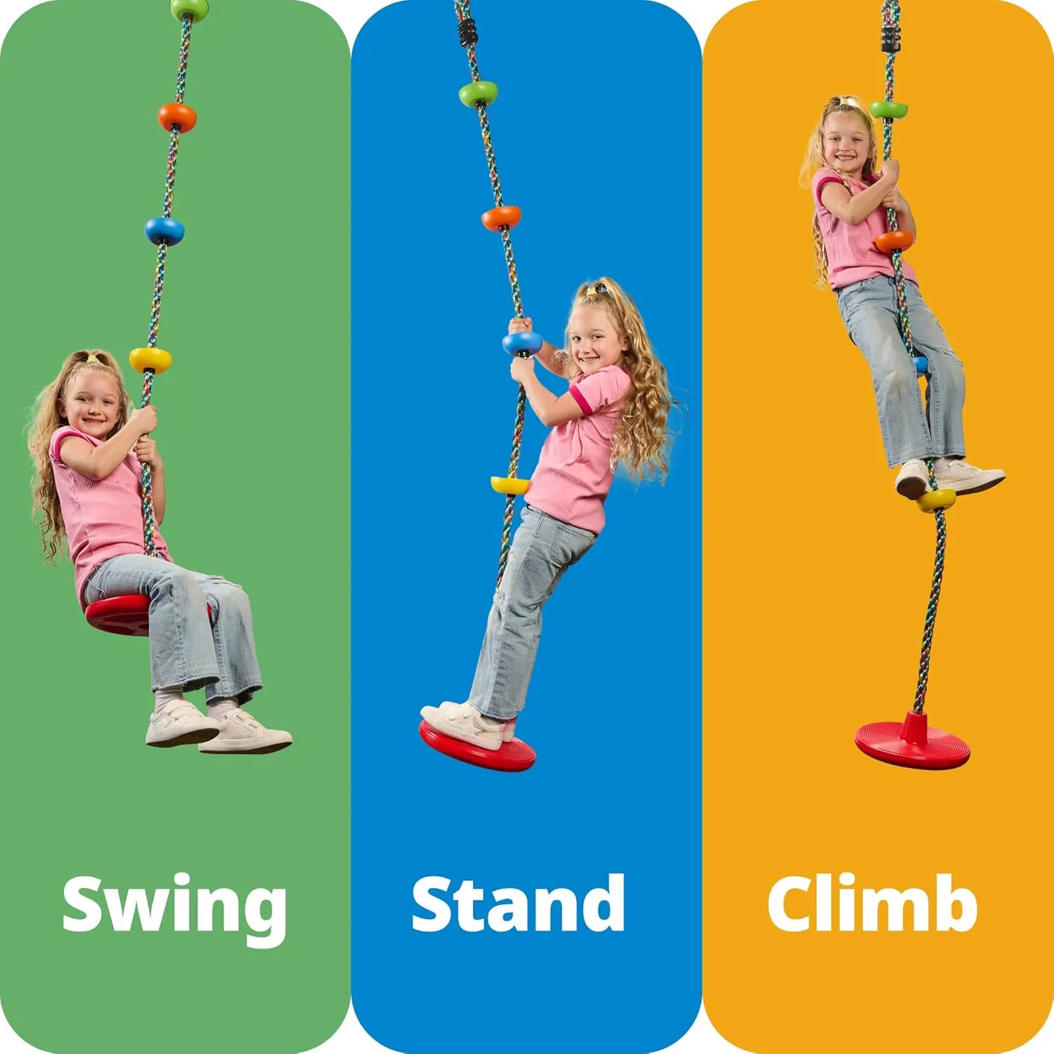 Jungle Gym Kingdom Tree Swing for Kids - Single Disc Seat and Rainbow Climbing Rope Set w/Carabiner and 2.6 Foot Strap - Treehouse and Outdoor Playground Accessories - Yellow