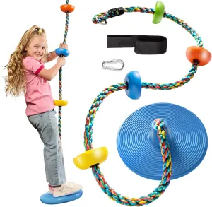 Jungle Gym Kingdom Tree Swing for Kids - Single Disc Seat and Rainbow Climbing Rope Set w/Carabiner and 4 Foot Strap - Treehouse and Outdoor Playground Accessories - Blue