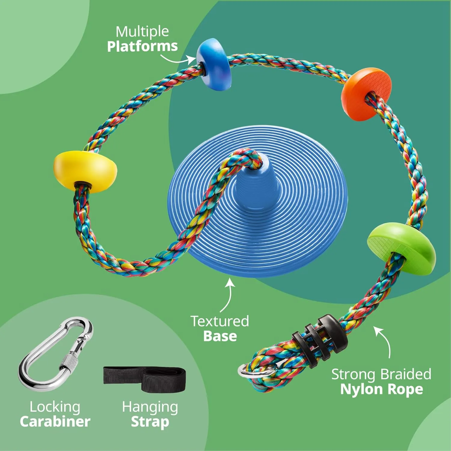 Jungle Gym Kingdom Tree Swing for Kids - Single Disc Seat and Rainbow Climbing Rope Set w/Carabiner and 4 Foot Strap - Treehouse and Outdoor Playground Accessories - Blue