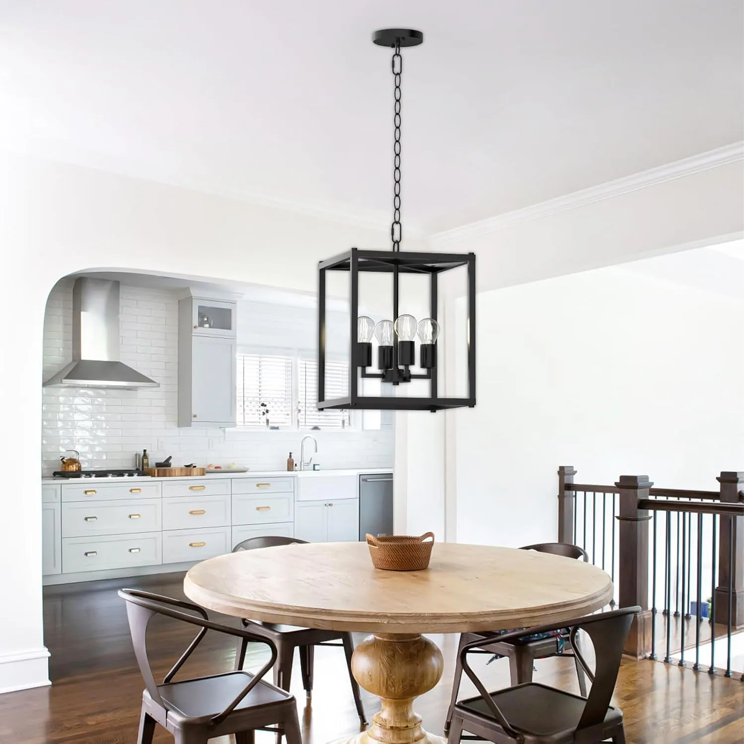 Kalium 4-Light Chandelier, Black Modern Ceiling Chandelier Light Metal Lantern Fixture with Farmhouse Iron Cage Adjustable Height Rustic Geometric Hanging Light E26 Base for Kitchen Island, Indoor