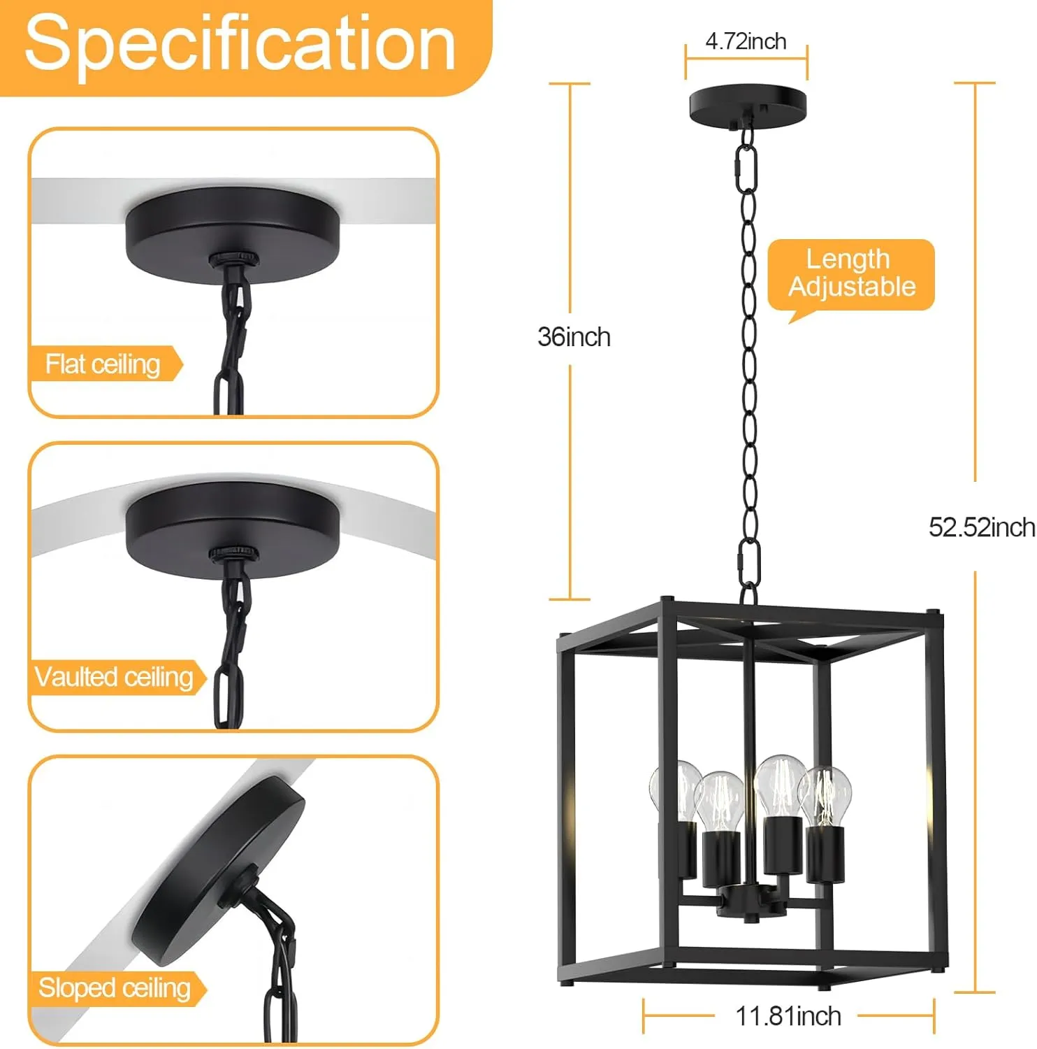 Kalium 4-Light Chandelier, Black Modern Ceiling Chandelier Light Metal Lantern Fixture with Farmhouse Iron Cage Adjustable Height Rustic Geometric Hanging Light E26 Base for Kitchen Island, Indoor