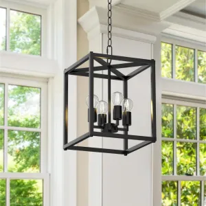 Kalium 4-Light Chandelier, Black Modern Ceiling Chandelier Light Metal Lantern Fixture with Farmhouse Iron Cage Adjustable Height Rustic Geometric Hanging Light E26 Base for Kitchen Island, Indoor