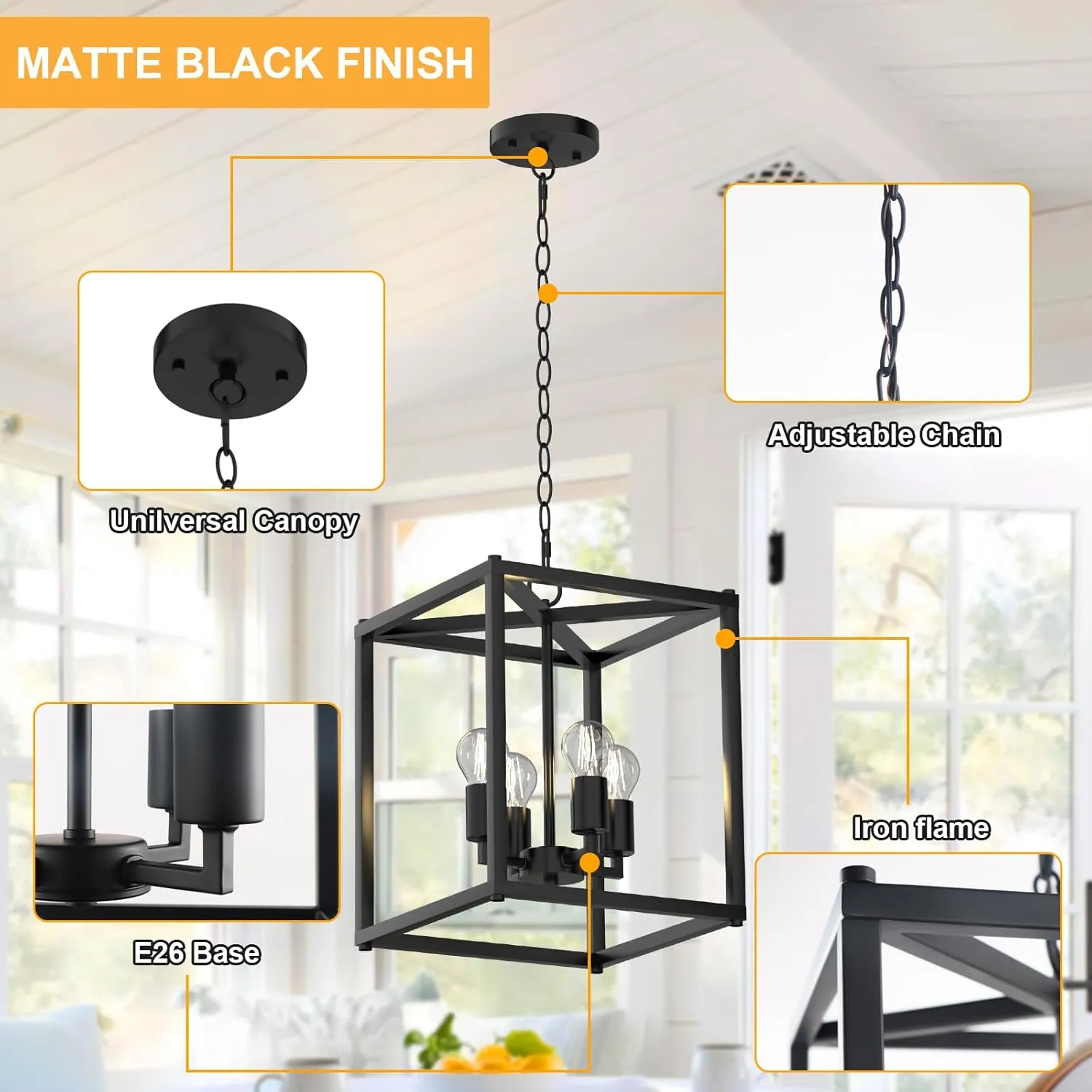 Kalium 4-Light Chandelier, Black Modern Ceiling Chandelier Light Metal Lantern Fixture with Farmhouse Iron Cage Adjustable Height Rustic Geometric Hanging Light E26 Base for Kitchen Island, Indoor