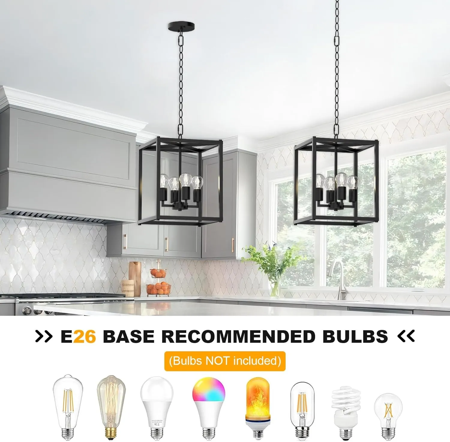 Kalium 4-Light Chandelier, Black Modern Ceiling Chandelier Light Metal Lantern Fixture with Farmhouse Iron Cage Adjustable Height Rustic Geometric Hanging Light E26 Base for Kitchen Island, Indoor