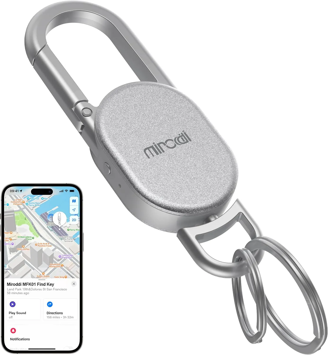 Keychain with Tracker, Men's Keychains Works with Find My App (iOS Only), Heavy Duty Metal Carabiner Car Key Chains with GPS Tracker, Anti-Lost Keyring Finder Locator, Rechargeable, Silver