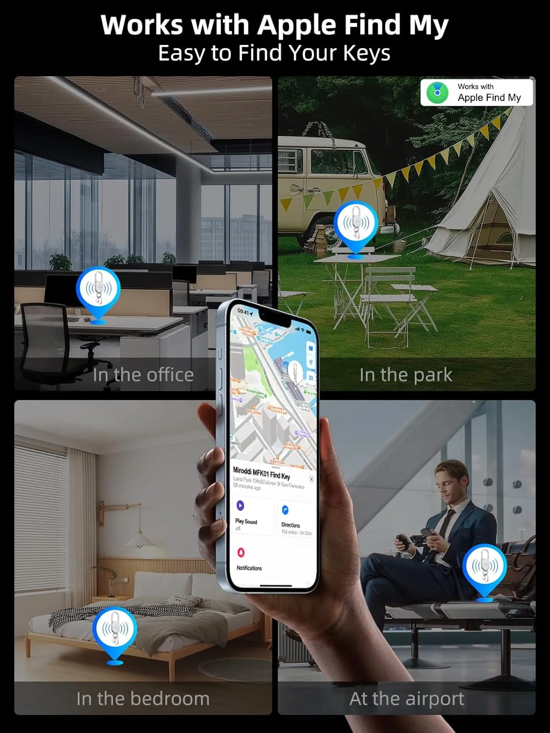 Keychain with Tracker, Men's Keychains Works with Find My App (iOS Only), Heavy Duty Metal Carabiner Car Key Chains with GPS Tracker, Anti-Lost Keyring Finder Locator, Rechargeable, Silver