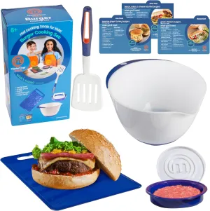 Kid's Burger Cooking Set - 9 Pc Kit Includes Real Cookware for Children - Bowl, Cutting Board, Recipes, and Hamburger Press, Birthday Gift