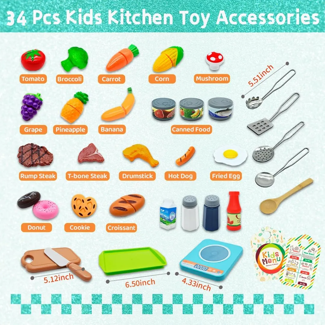 Kids Play Kitchen Accessories Set,36Pcs Stainless Steel Play Pots and Pans Sets for Kids,Toddler Pretend Cooking Playset with Play Food Set,Utensils Cookware Toys Gift for Girls Boys (Green)