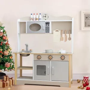 Kids Play Kitchen, Wooden Toy Kitchen Playset for Kids with 12 Pcs Toy Food & Cookware Accessories, Childrens Pretend Kitchen Playset for 3  Years Old