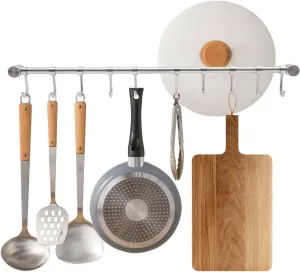 Kitchen Hanging Racks 304 Stainless Steel 20 Inch Rail Utensil Storage Hanger with 10 Pcs Noiseless Sliding Hooks, Wall Mounted Rod Holder for Pots Pan Spatula Spoon Cookware Mug Cup (Silver)