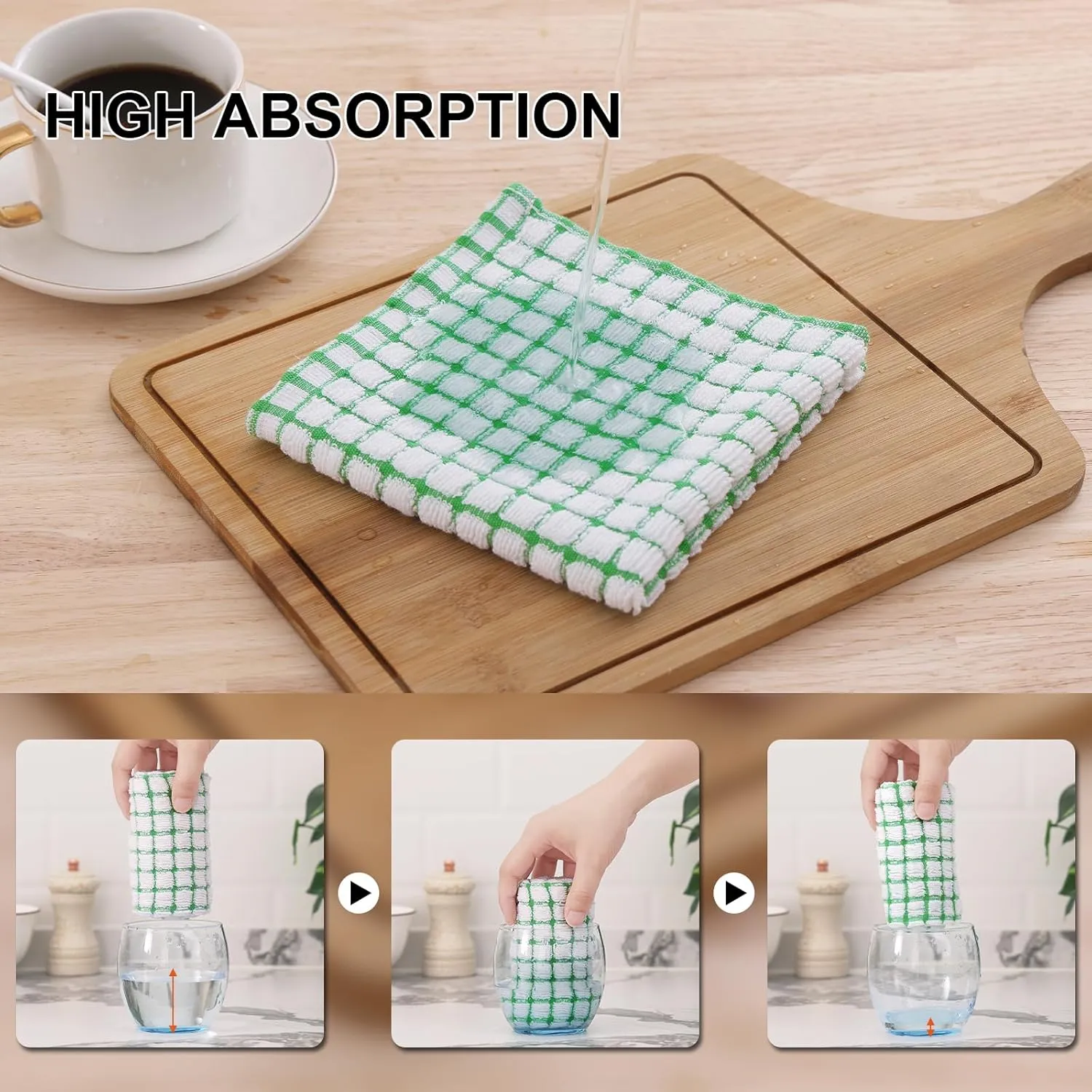Kitinjoy Cotton 12 Pack Kitchen Towels and Dishcloths Sets, 16 x 25 Inch & 12 X 12 Inch Dish Towels Bulk, Super Soft and Absorbent Hand Towels for Kitchen Drying, Green