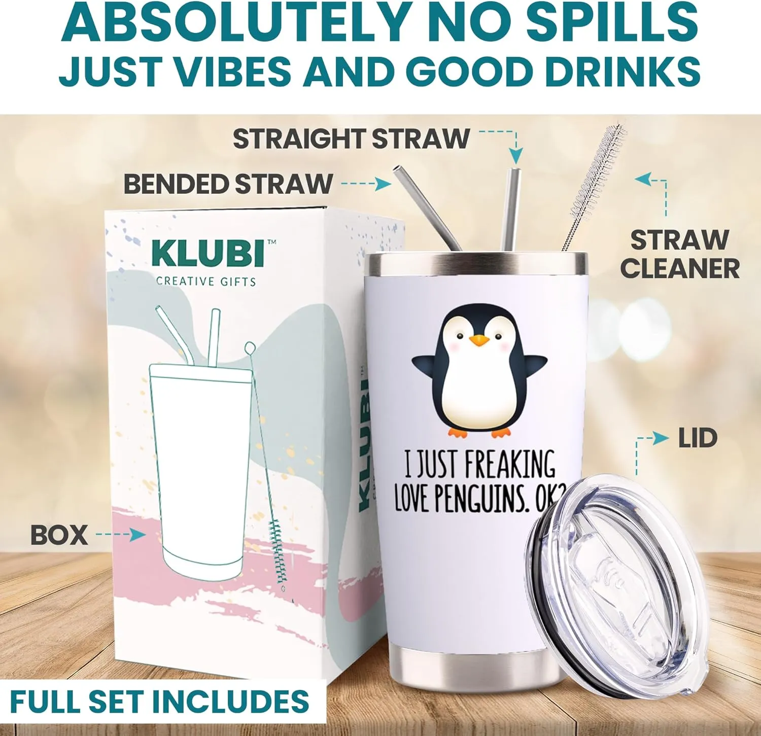 KLUBI Penguin Gifts for Women - 20oz Penguin Tumbler Penguin Themed Christmas Gifts With Penguins Gifts Penguin Gift Ideas Penguin Figurines Teacher Gifts Gag Gifts for Her